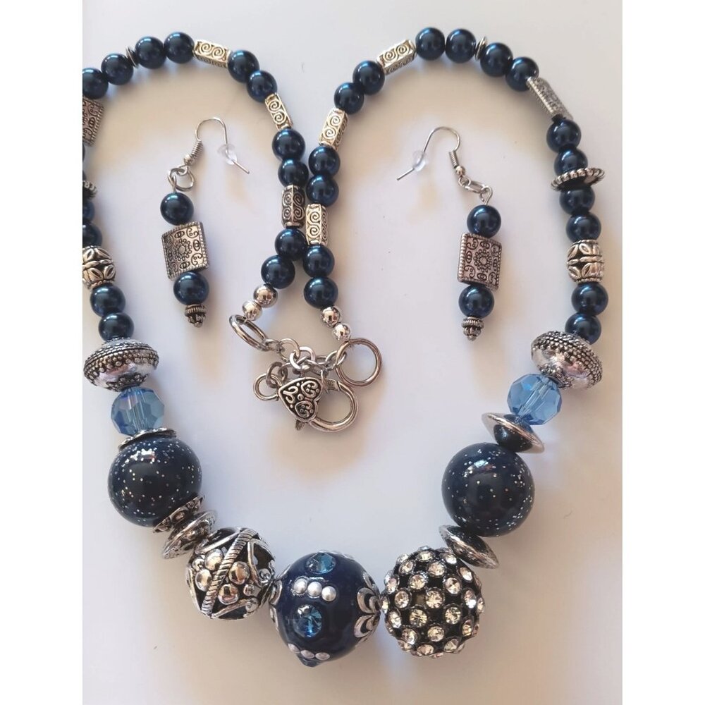 Chunky Beaded Necklace & Earrings Set With Silver Accents And Blue Beads